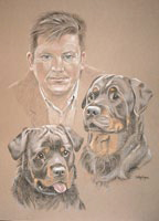 Pastel portrait of a man and his 2 dogs - Roger with Simba and Buster