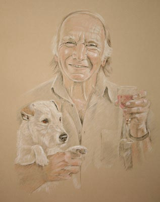 pastel portrait of one man and his dog - Ron and Molly