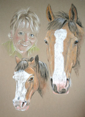 pastel portrait of Nikki with horse and foal