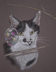 pastel portrait of Anya - black and white cat with easter baubles