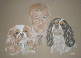 pastel portrait of man with two dogs - David Abby and Becky