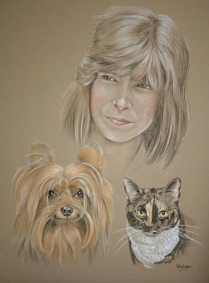 pastel portrait of dog, cat and owner - Jody Maxwell and Tiffany