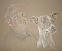 pastel portrait of man and dog