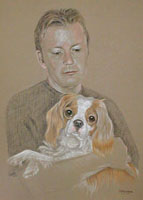 pastel portrait of man and dog  -Simon and Barney