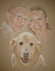 pastel portrait of couple and their dog - Nathan Karen and Oscar 