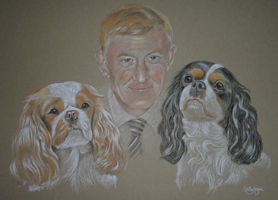 pastel portrait of David with his 2 cavalier king charles spaniels