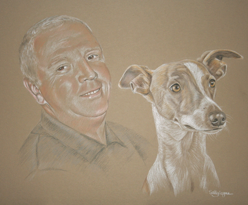 pastel portrait of a man and his pet dog - Rob and Sandy