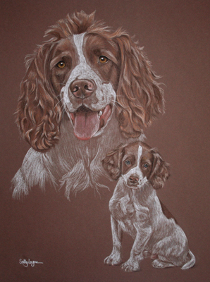 pastel portrait of Chester as a pup and adult dog
