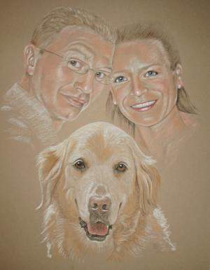 Head study portrait of Nathan and  Karen with their golden retriever, Oscar