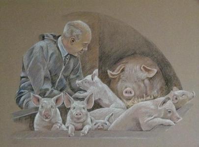 Sow in arch with Piglets and Farmer